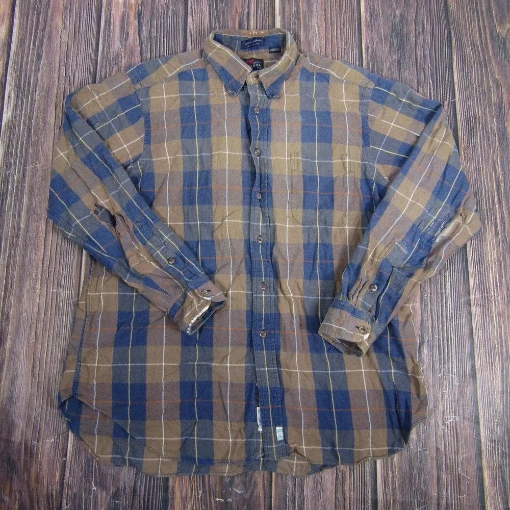 Kinsley & Co. Boulder‎ Shirt Mens Large Blue Brown Plaid Button Down Made USA